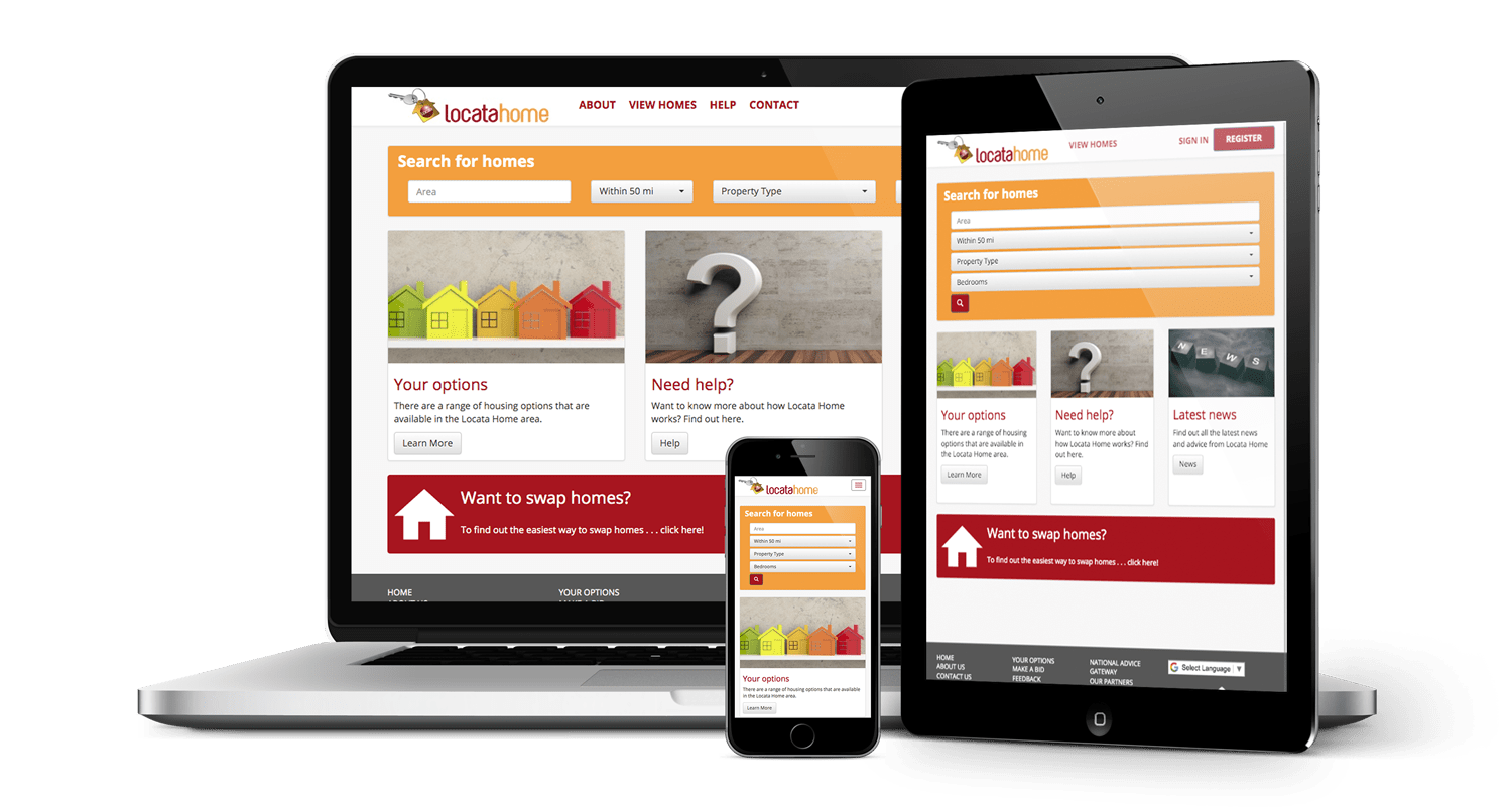 Locata lettings website shown on laptop, tablet and mobile