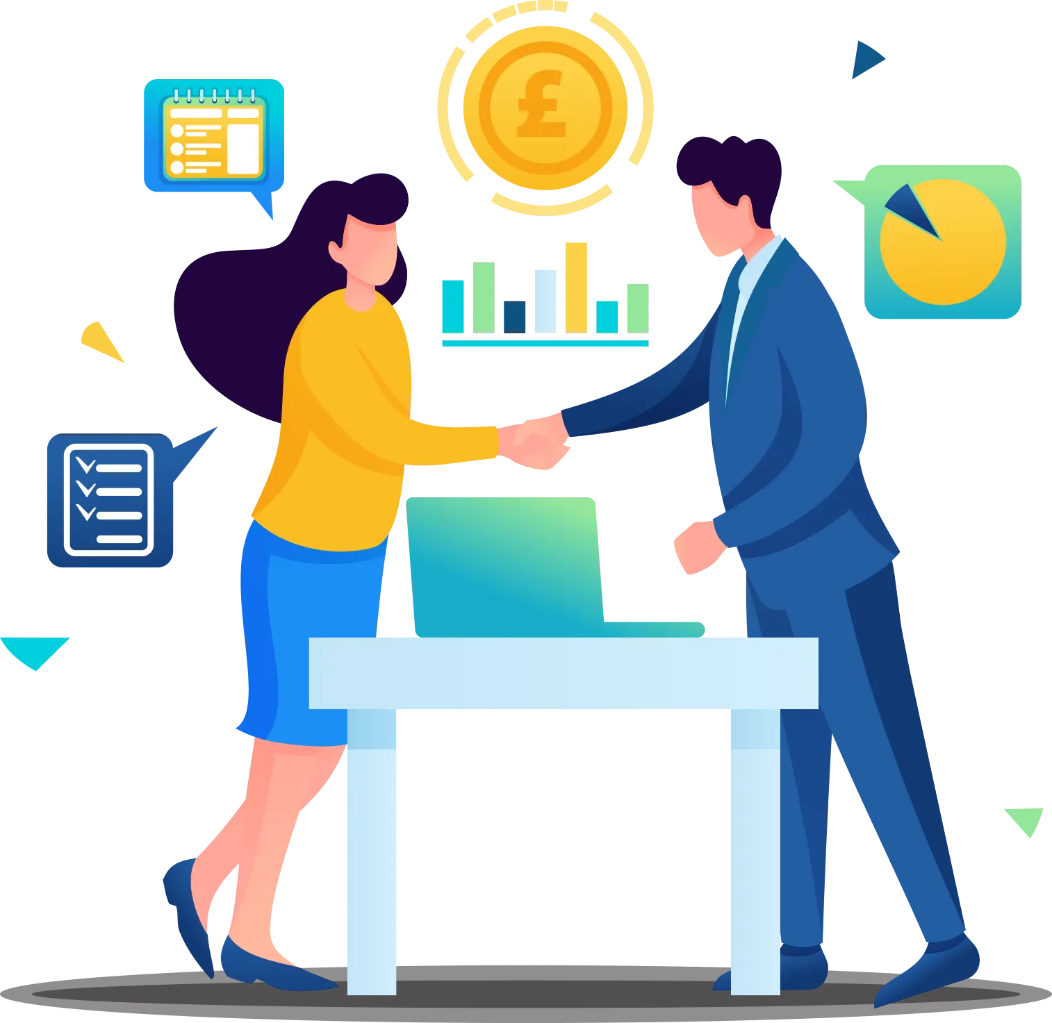 Illustration of people shaking hands across a desk with business graphics around them