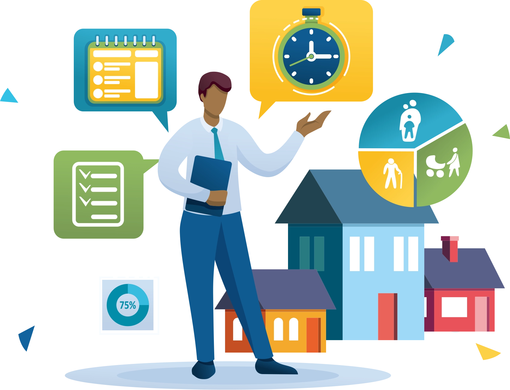 Illustration of a man with houses and performance related graphics around him