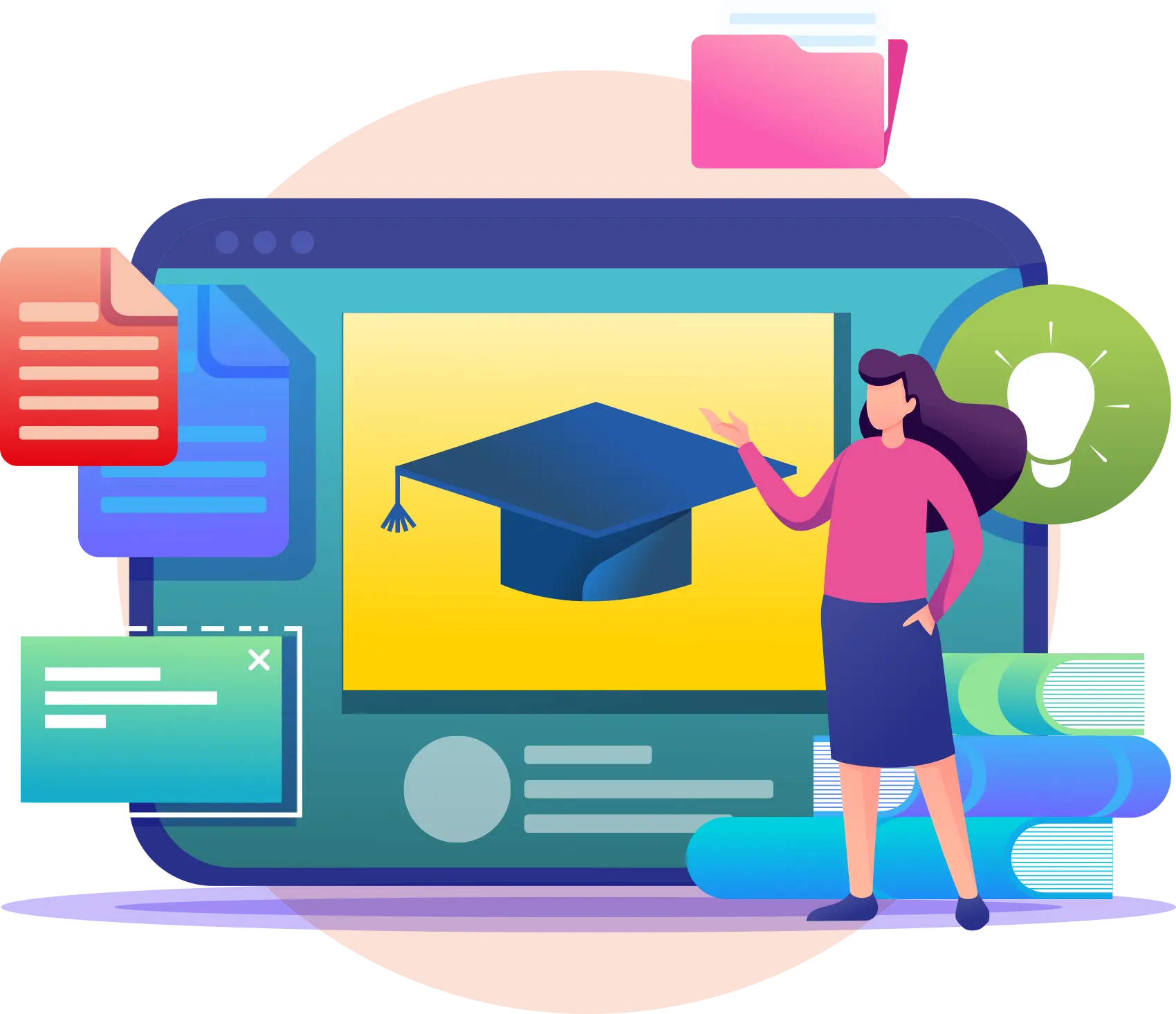 Illustration of a woman with oversized education related items