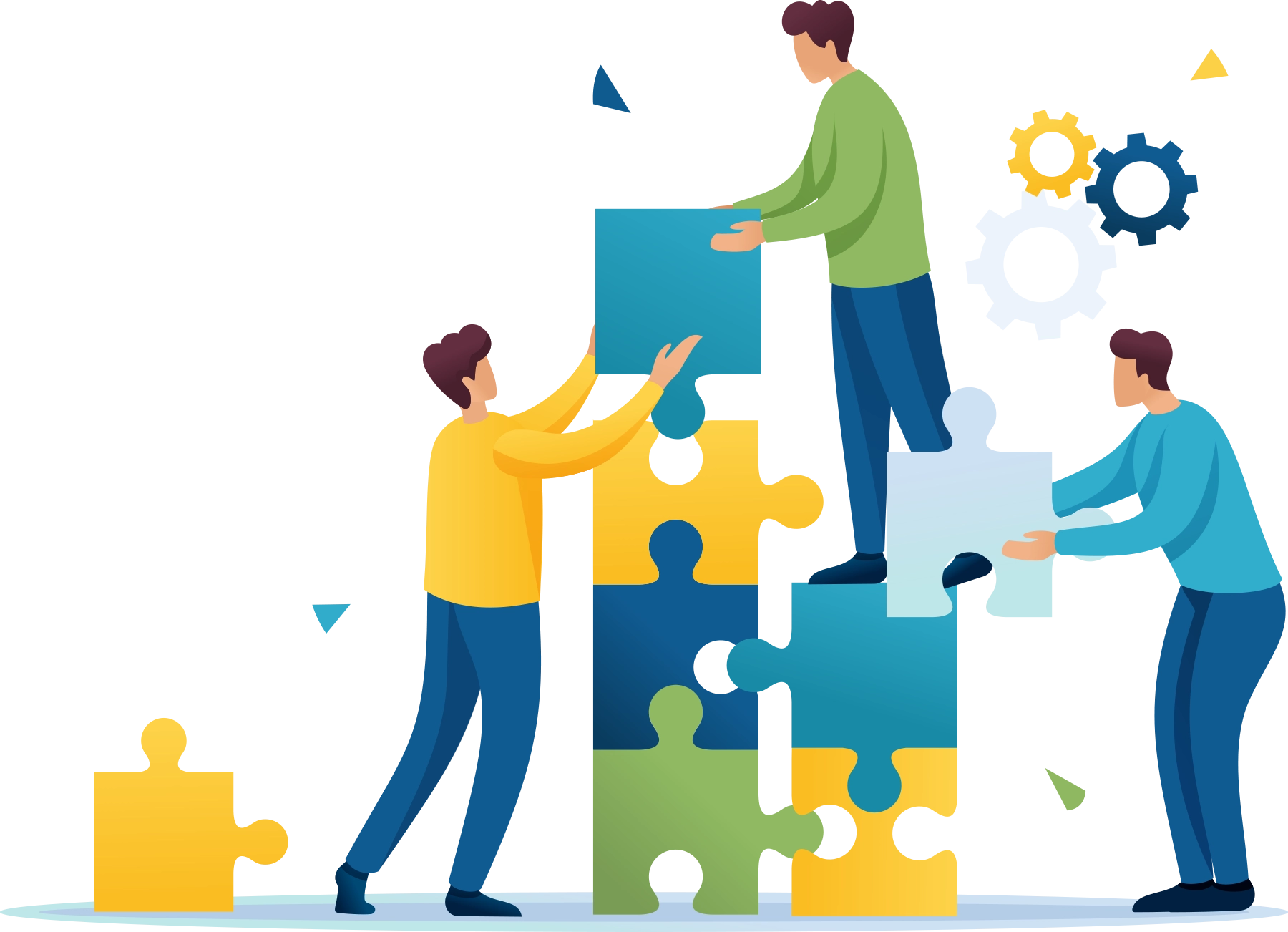 Illustration of people putting large jigsaw pieces together